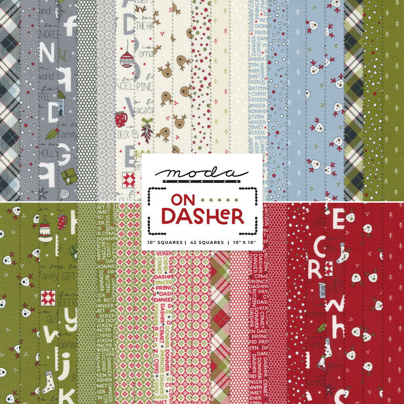 collage of all the On Dasher fabrics in muted shades of icy blue, white, red, and green