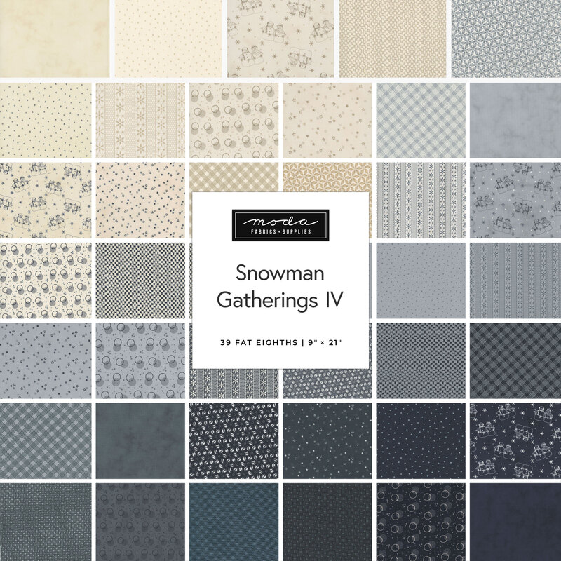 collage of snowman gatherings IV fabrics in a lovely gradient from cream to a dark, dusty blue