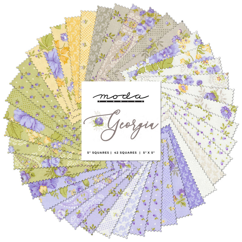 collage of all Georgia fabrics splayed in a circle, in soothing shades of taupe, cream, yellow, green, and purple