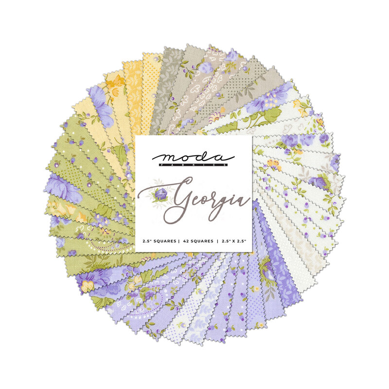 collage of all Georgia fabrics splayed in a circle, in soothing shades of taupe, cream, yellow, green, and purple