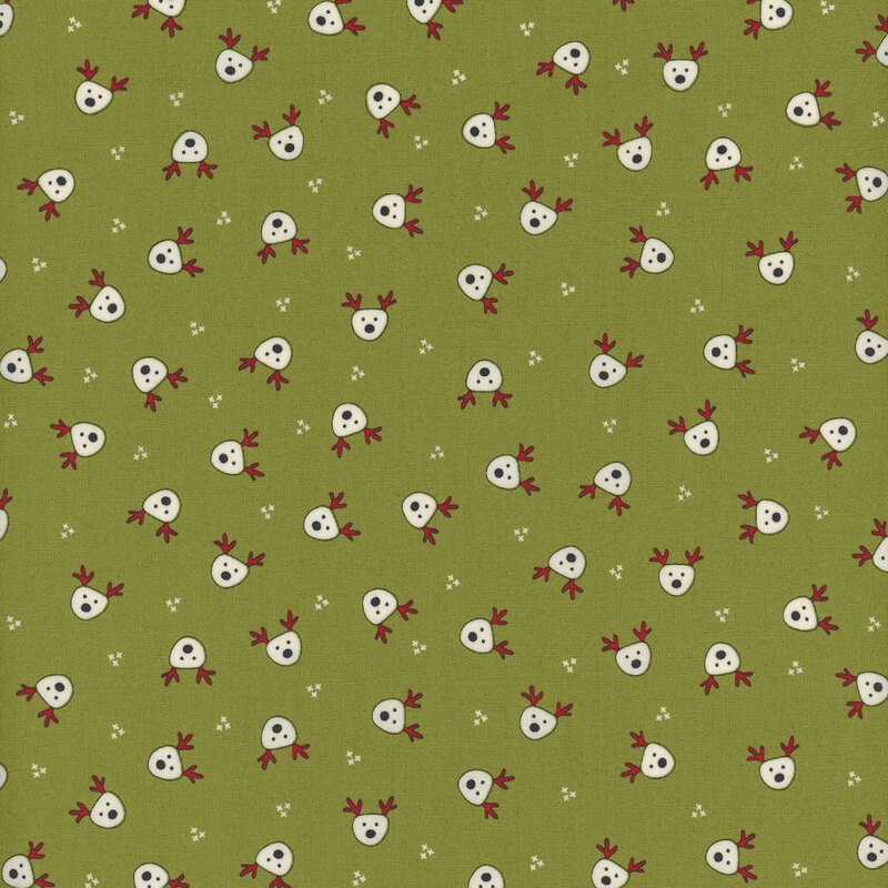 Olive green fabric with small white illustrated reindeer heads evenly spaced and tossed all over.