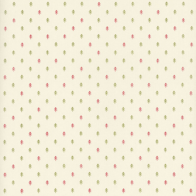 Cream fabric featuring tiny stick trees in green and red.