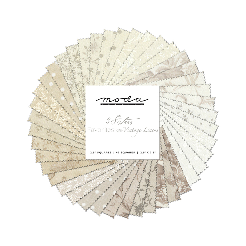 collage of all 3 sisters favorites - vintage linens fabrics, splayed in a circle, in lovely shades of cream and beige