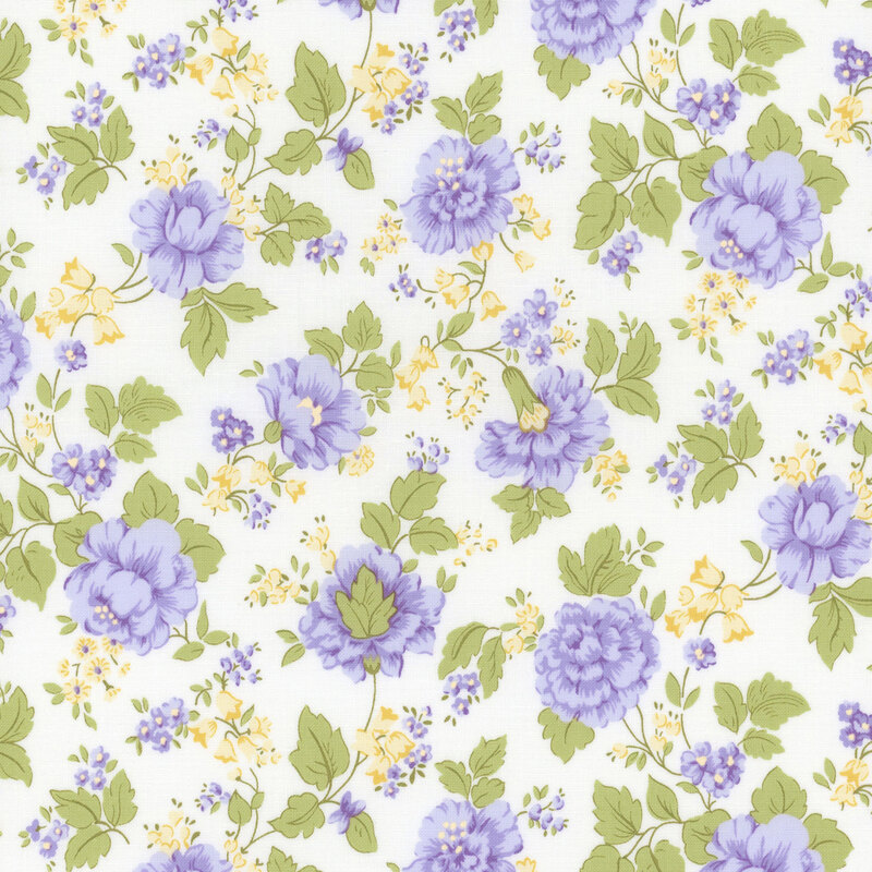 White fabric with scattered purple and yellow florals