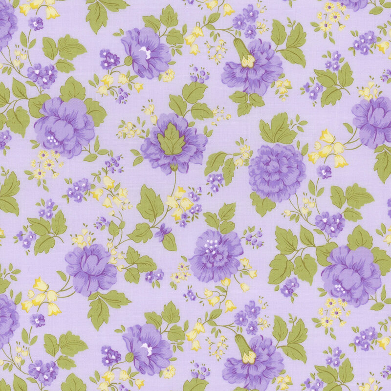 Lavender fabric with scattered purple and yellow florals