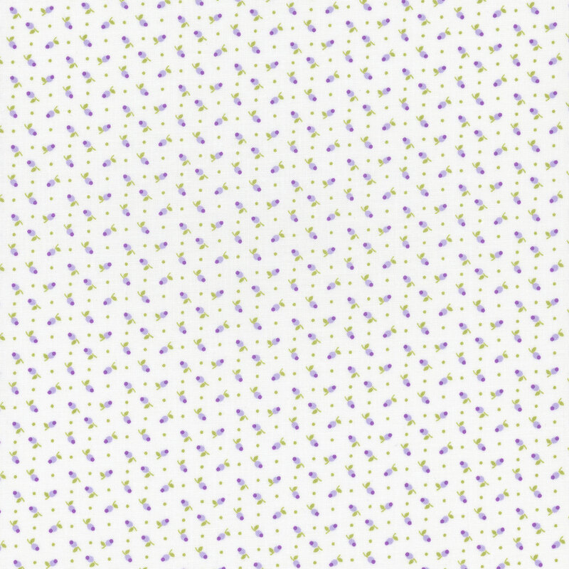 white fabric with a ditsy pattern of small purple flowers and soft green dots