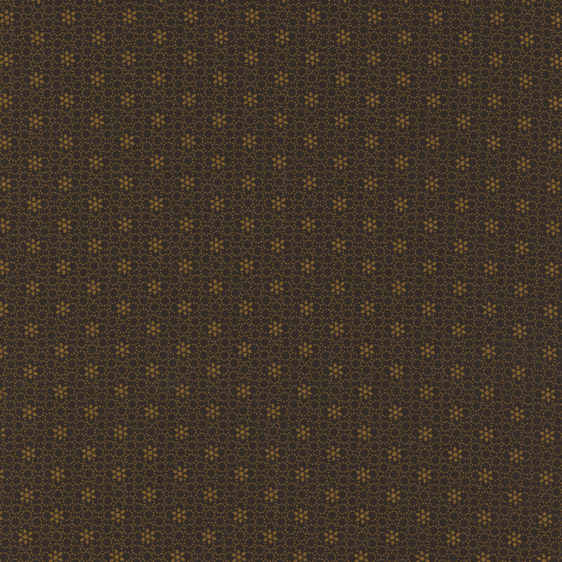 dark brown fabric featuring a packed circular design and a floral pattern