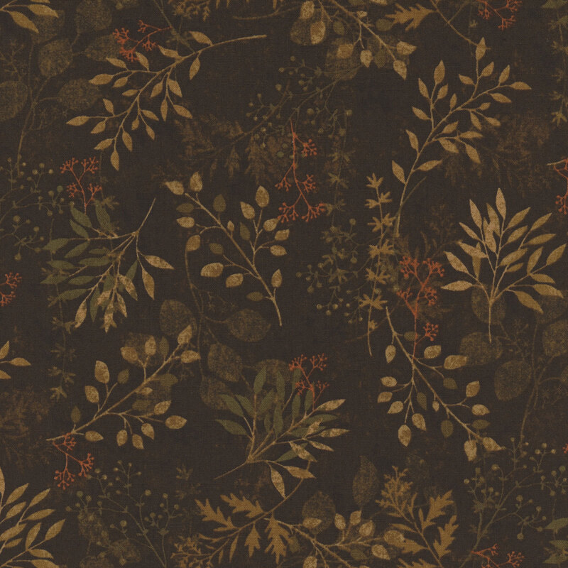 dark brown fabric featuring leaves and branches and berries 