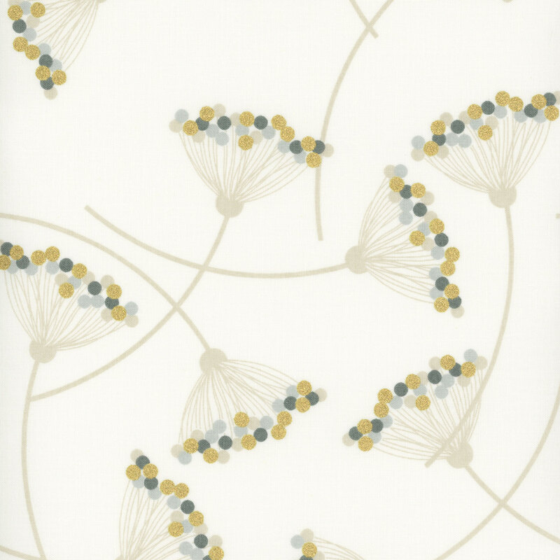 Cream fabric featuring floral motifs that resemble Queen Anne's Lace with gold metallic and gray dots in a minimalist design