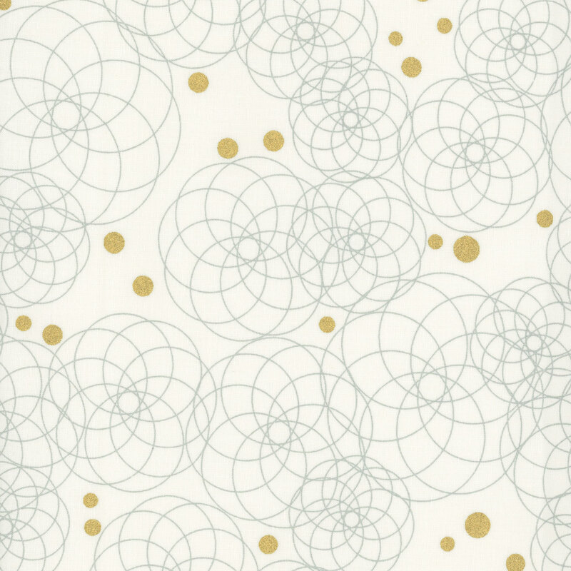 Circular fractal patterns interspersed among gold metallic dots on a cream background