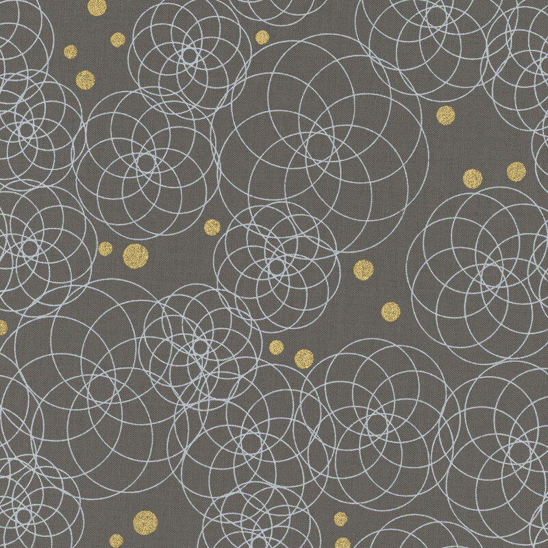 Circular fractal patterns interspersed among gold metallic dots on a dark gray background