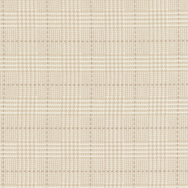 cream flannel fabric featuring a tonal plaid design, including dashed lines and houndstooth elements