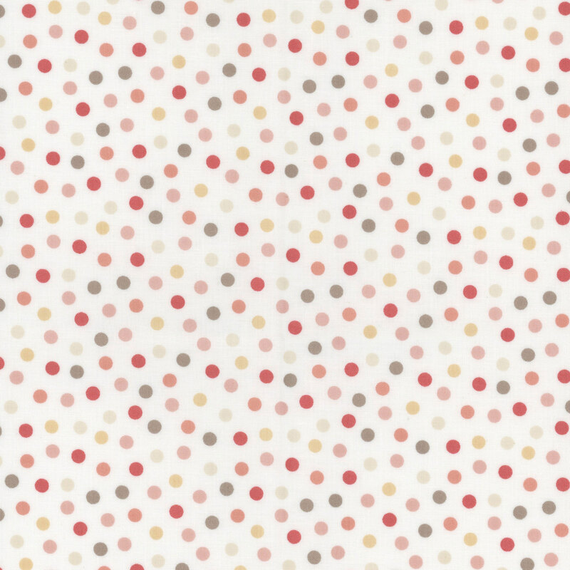 Cream fabric featuring whimsical dots in coral, pink, gray, beige, and taupe for a confetti-like effect.