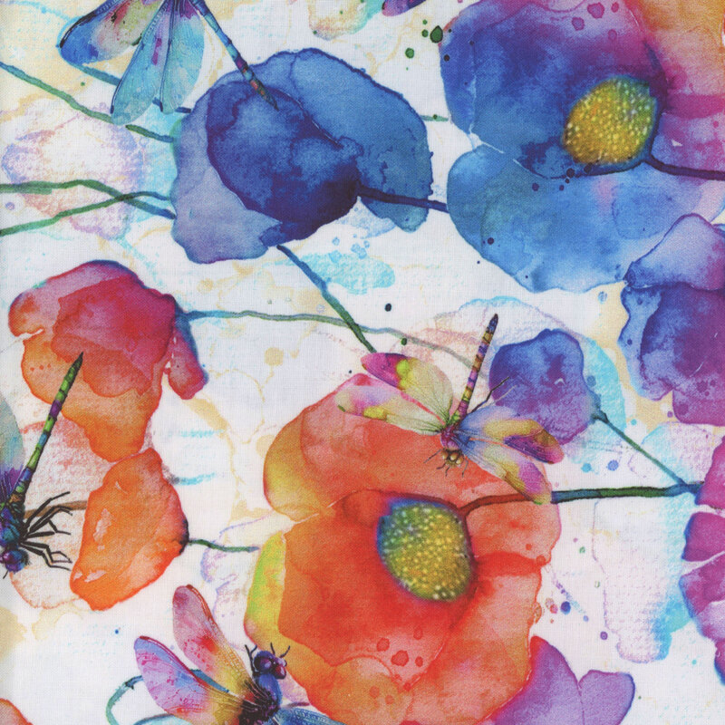 White fabric with watercolor style colorful poppies and dragonflies with streaks of water and splatters all over the background