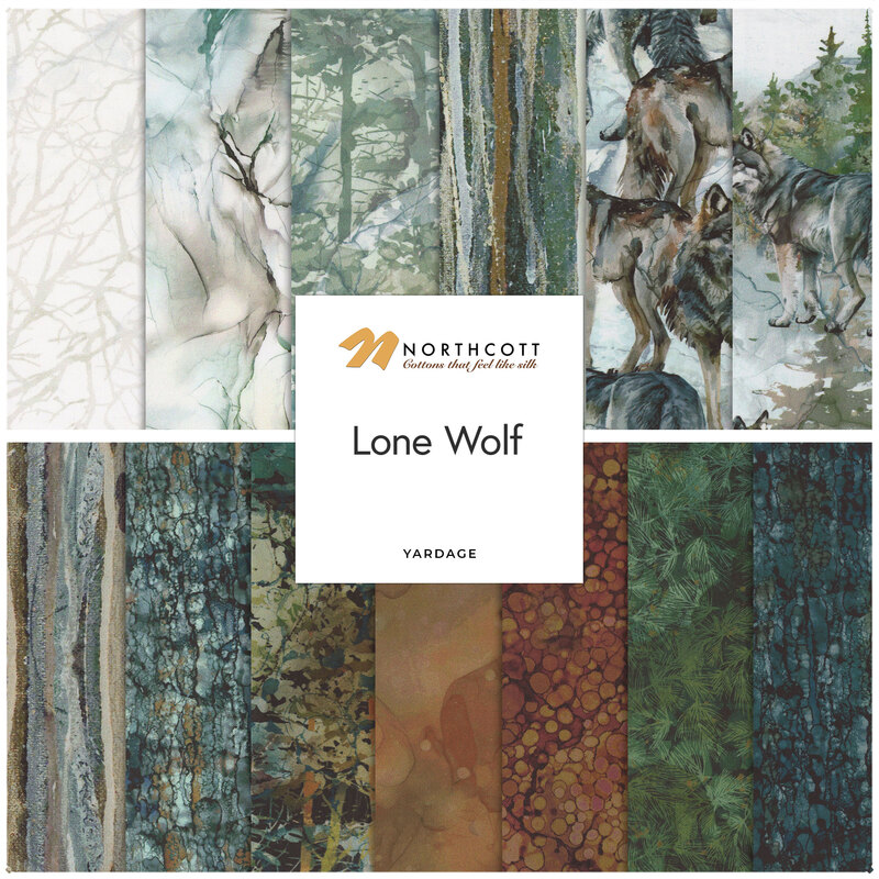 collage of all Lone Wolf fabrics in lovely shades of cream, gray, green, and brown