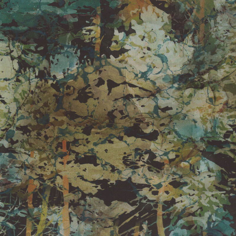 beautiful forest green fabric featuring packed together pine trees, done in a gorgeous watercolor style