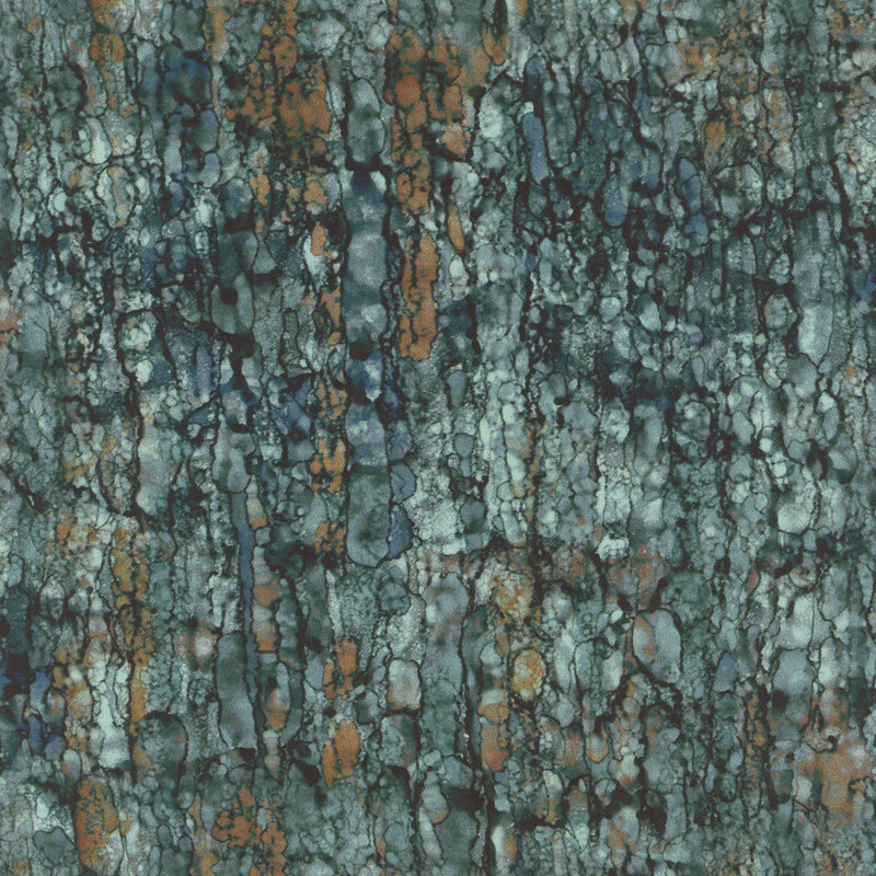 lovely muted teal fabric featuring a watercolor pine bark texture and brown accents