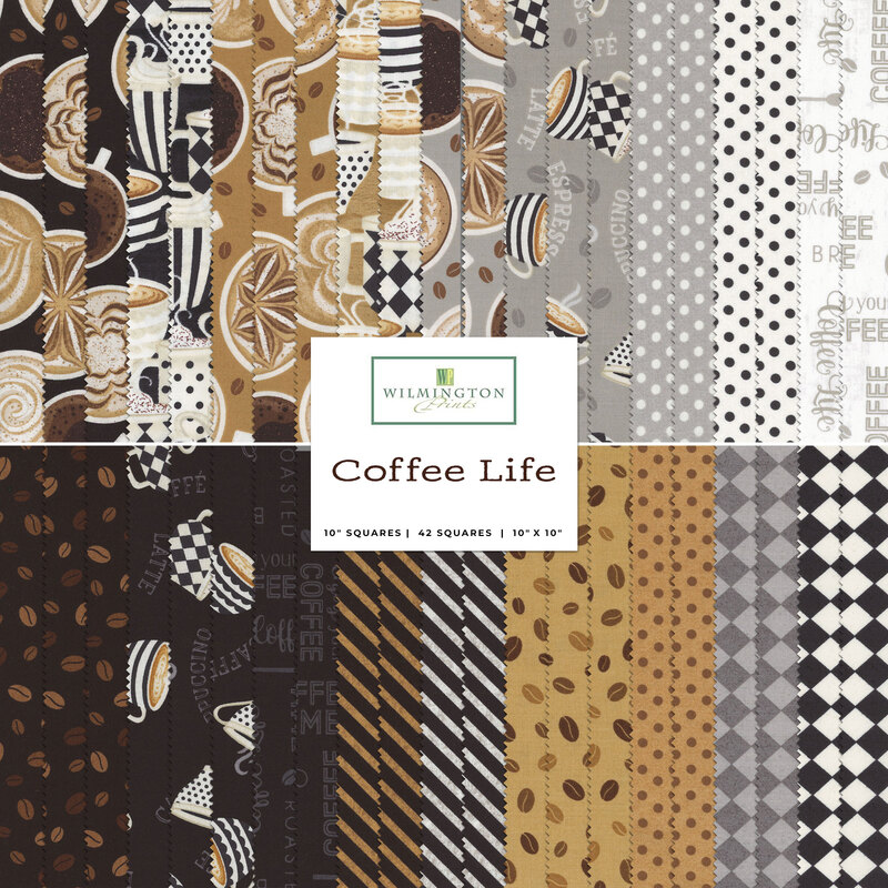 Collage of brown and gray coffee themed fabrics included in the Coffee Life collection.