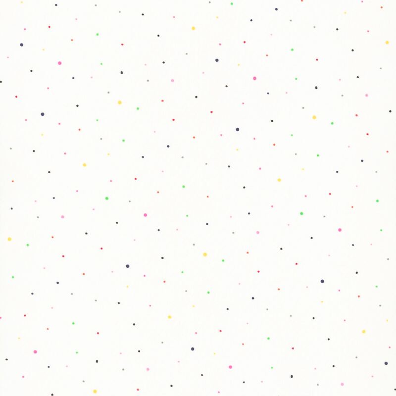 white fabric with small scattered vibrant pink, red, yellow, green, black, and gray dots