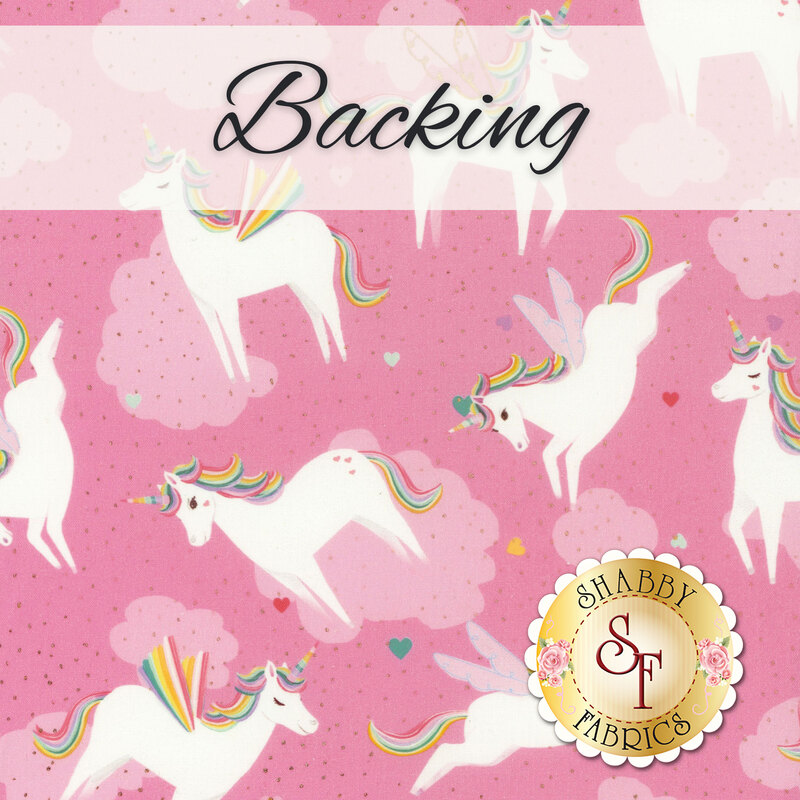 Image of the backing fabric for the Unicorn Love Quilt, a pink fabric with tossed unicorns and clouds and a Shabby Fabrics logo in the bottom right corner.