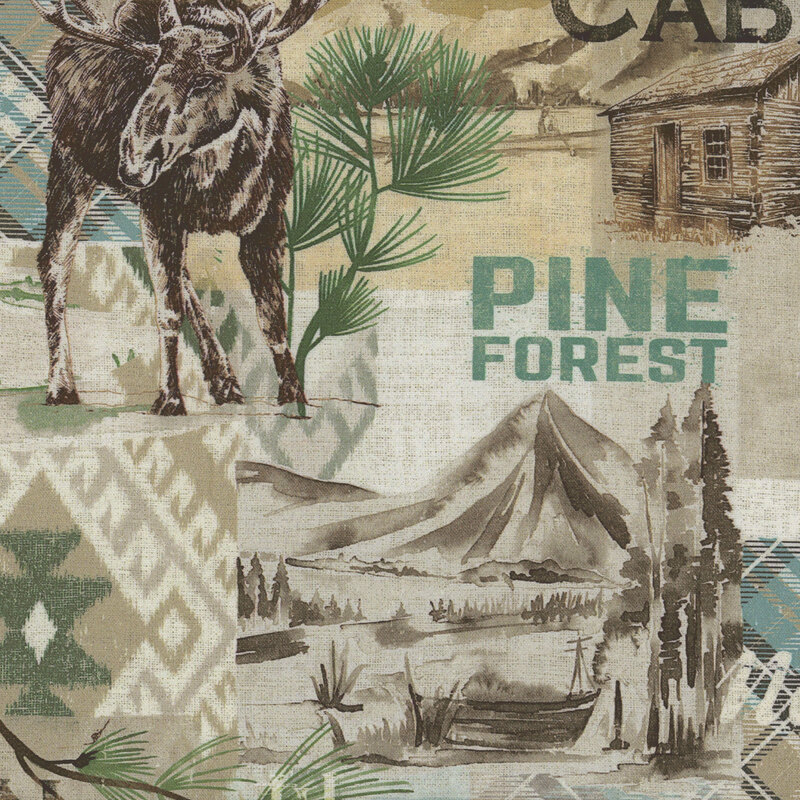 blue, white gray and tan fabric featuring wilderness animals, words, and elements