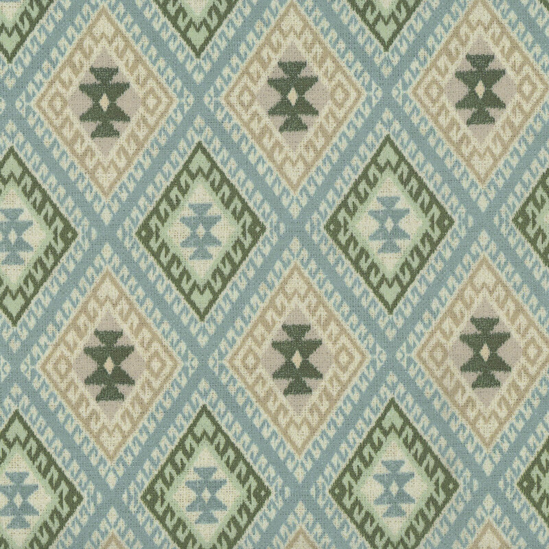 diamond patterned fabric in blue, white, tan and green