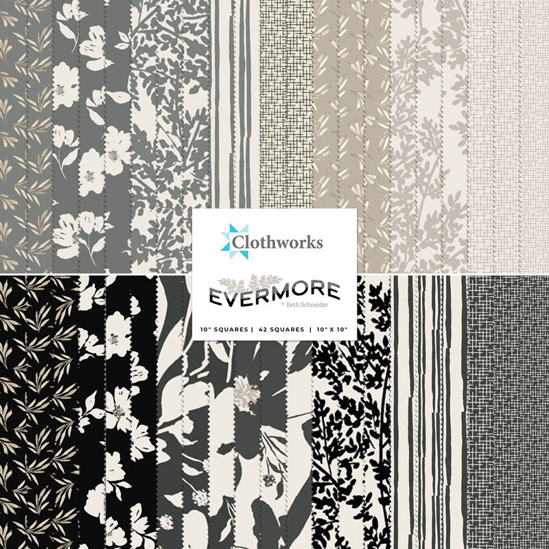 Collage of gray, cream, black, and white patterned fabrics included in the Evermore Collection.