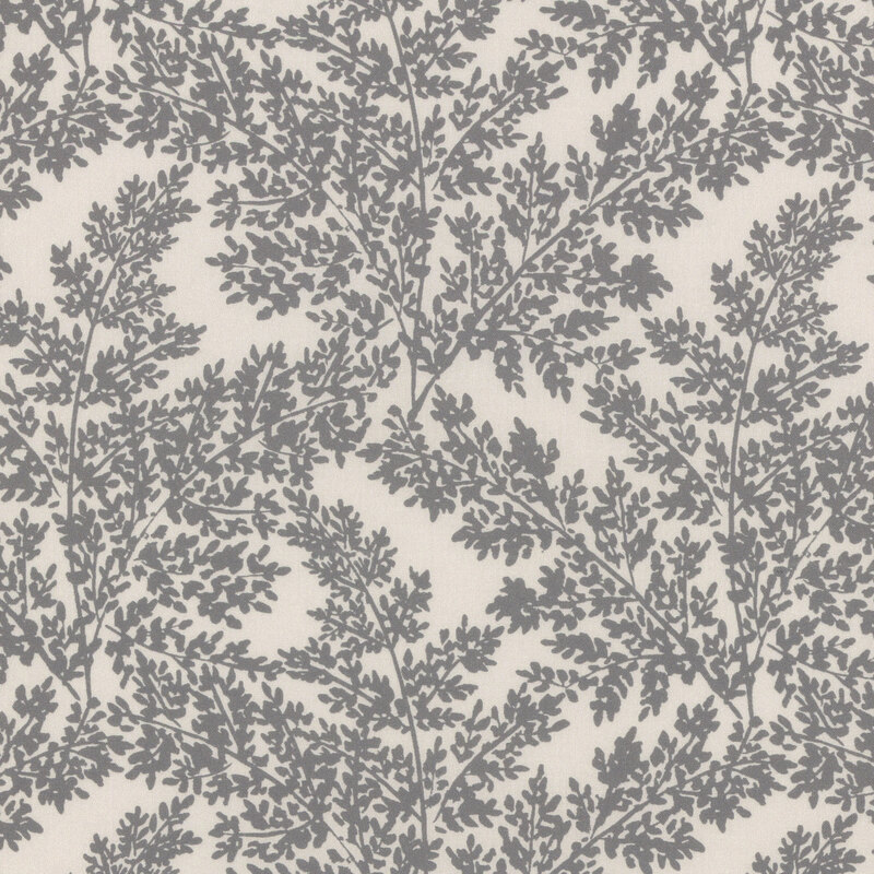 Cream-colored fabric patterned with gray leafy branches.