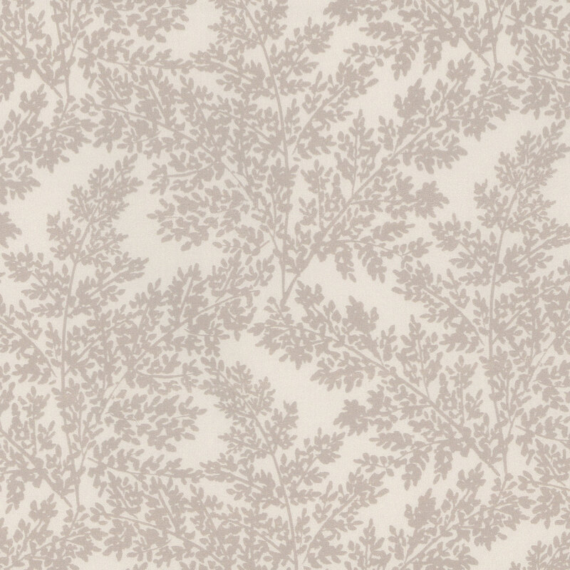 Cream-colored fabric patterned with taupe leafy branches.