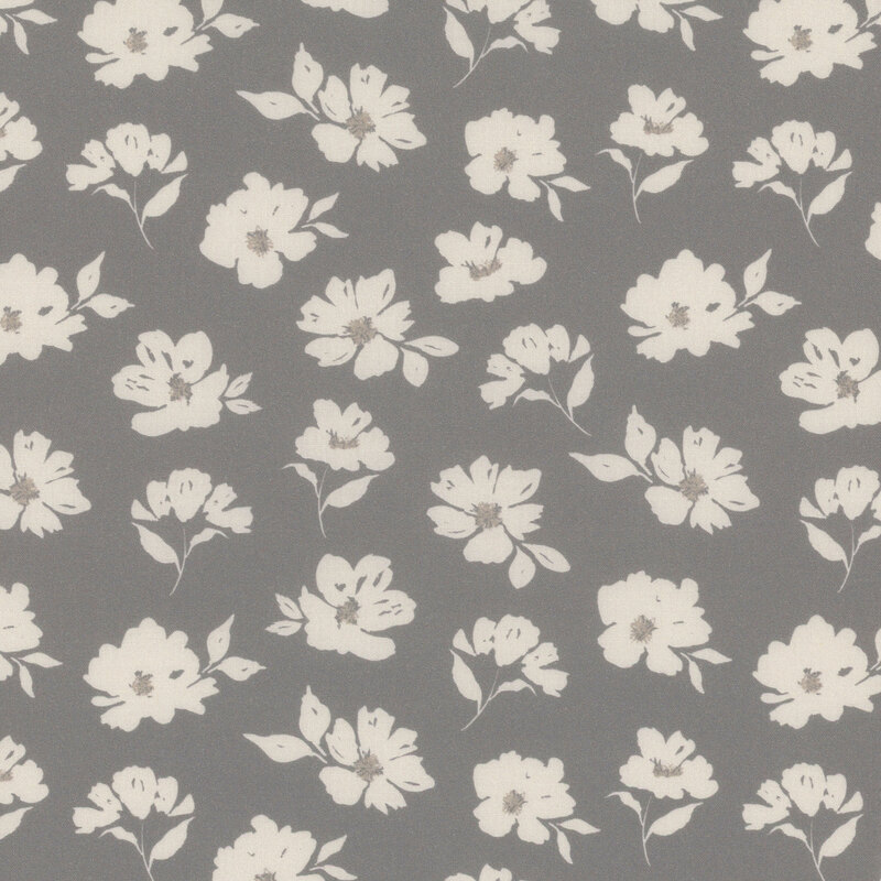 Gray fabric patterned with small white florals.