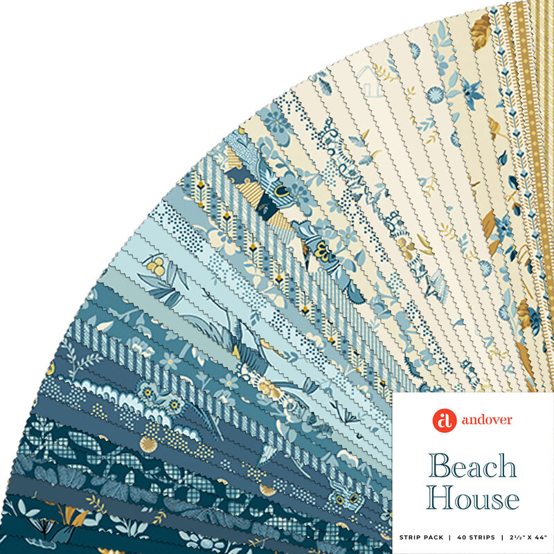 Collage of blue, cream, and yellow fabrics included in the Beach House collection.