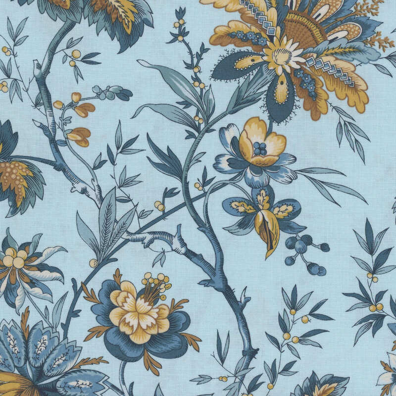 Light blue fabric featuring light blue branches with yellow leaves and berries.