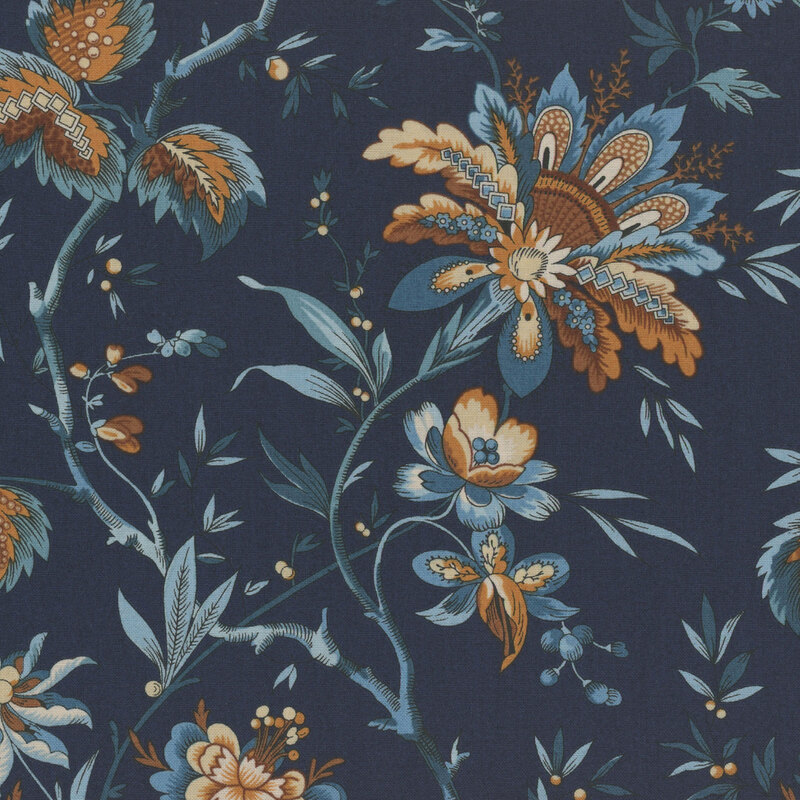 Navy blue fabric featuring light blue branches with yellow leaves and berries.