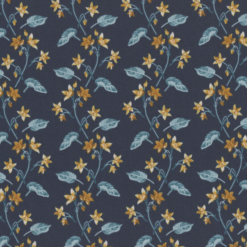 Navy blue fabric with yellow-gold buttercups and light blue leaves.