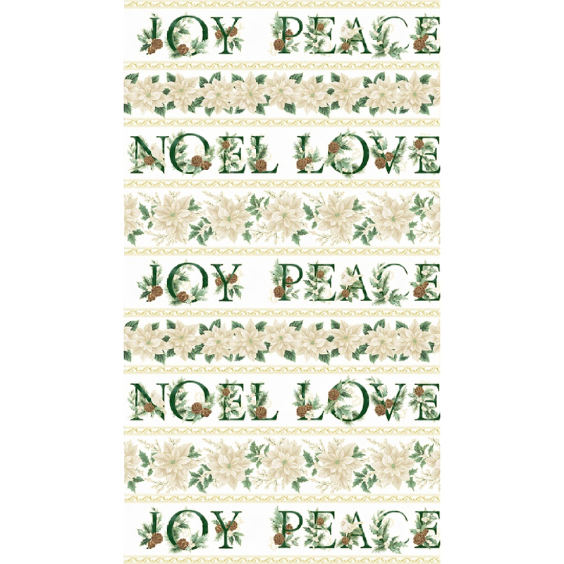 gorgeous light cream fabric featuring alternating wide stripes of white poinsettias and green decorated Christmas phrases, including 