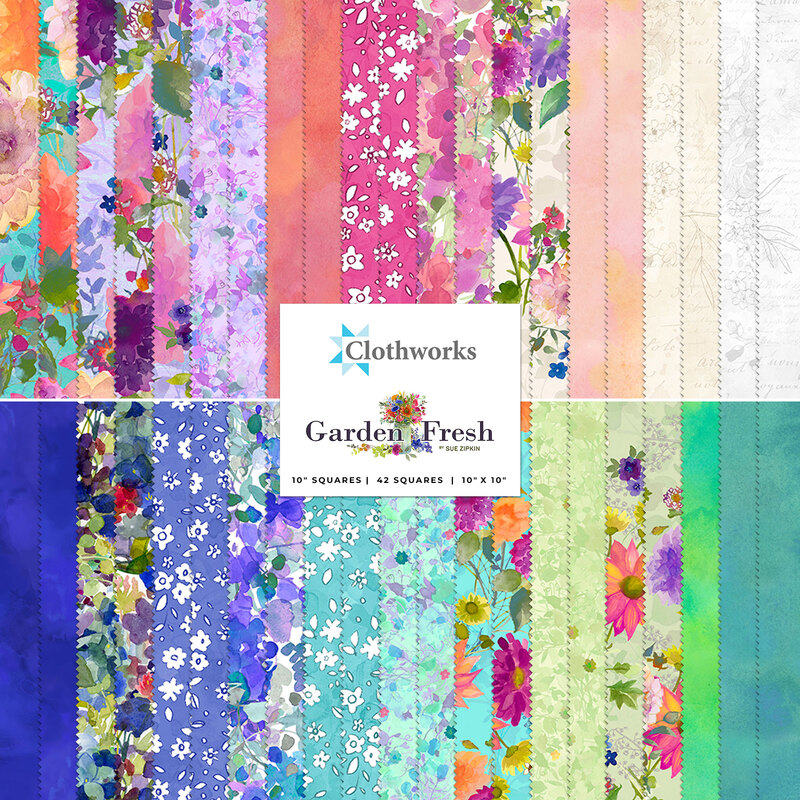 Collage of colorful fabrics included in the Garden Fresh collection.