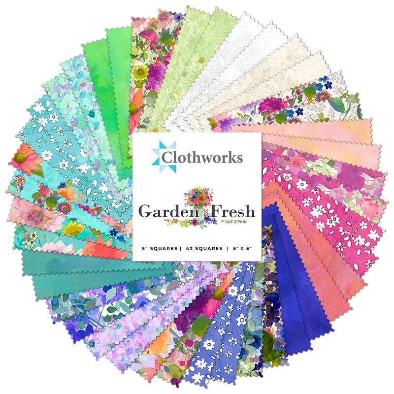 Collage of colorful fabrics included in the Garden Fresh collection.