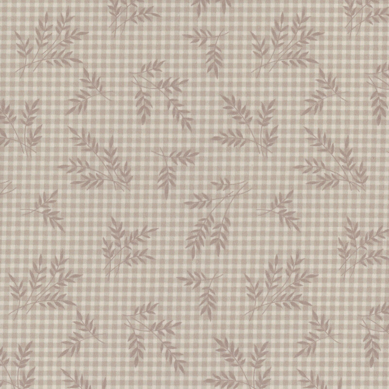 Taupe gingham fabric, featuring scattered wheat sprigs