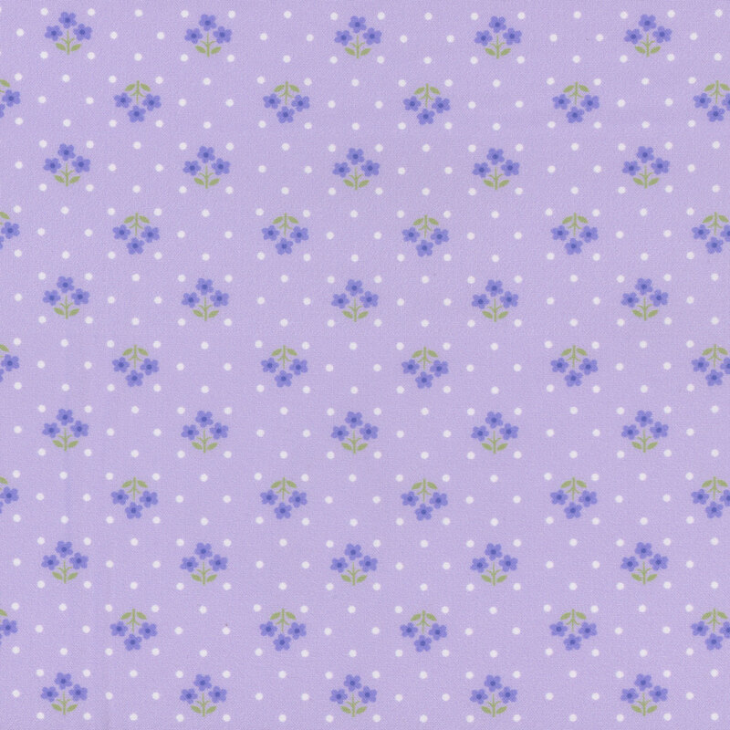 Pale purple fabric, featuring small white polka dots and blue flower bundles