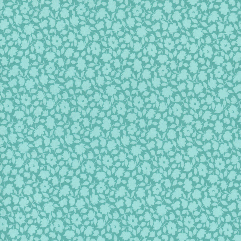 Teal fabric, featuring light turquoise packed together floral silhouettes