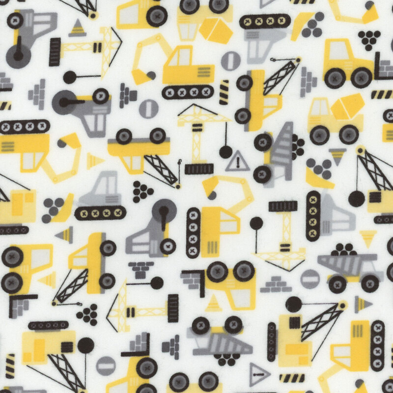 White fabric featuring yellow construction trucks