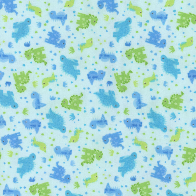 aqua fabric featuring blue and green dinosaurs