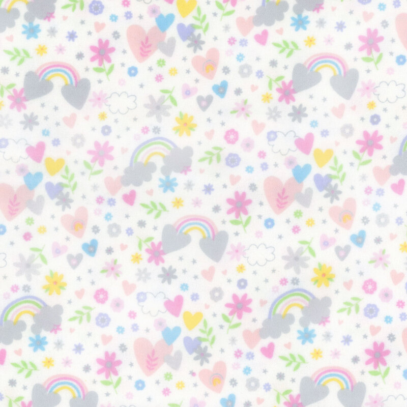 white fabric featuring pastel rainbows, flowers, and hearts 