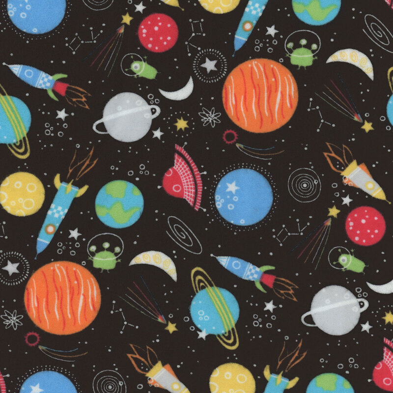 black fabric featuring planets, rockets, spaceships, and stars