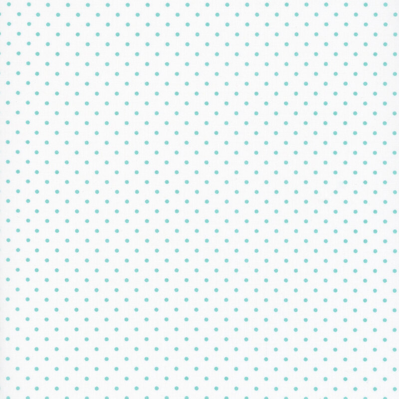 White fabric with pale teal polka dots.