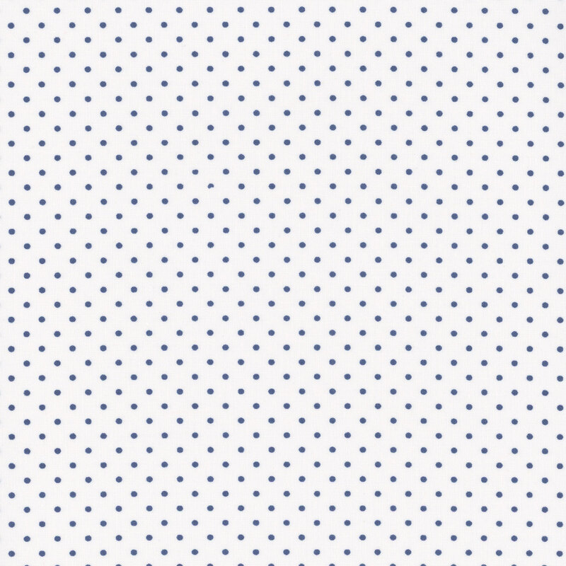 White fabric with cadet blue polka dots.