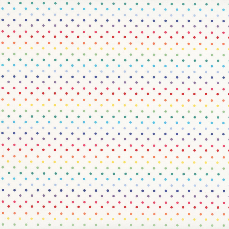 White fabric with rainbow polka dots.