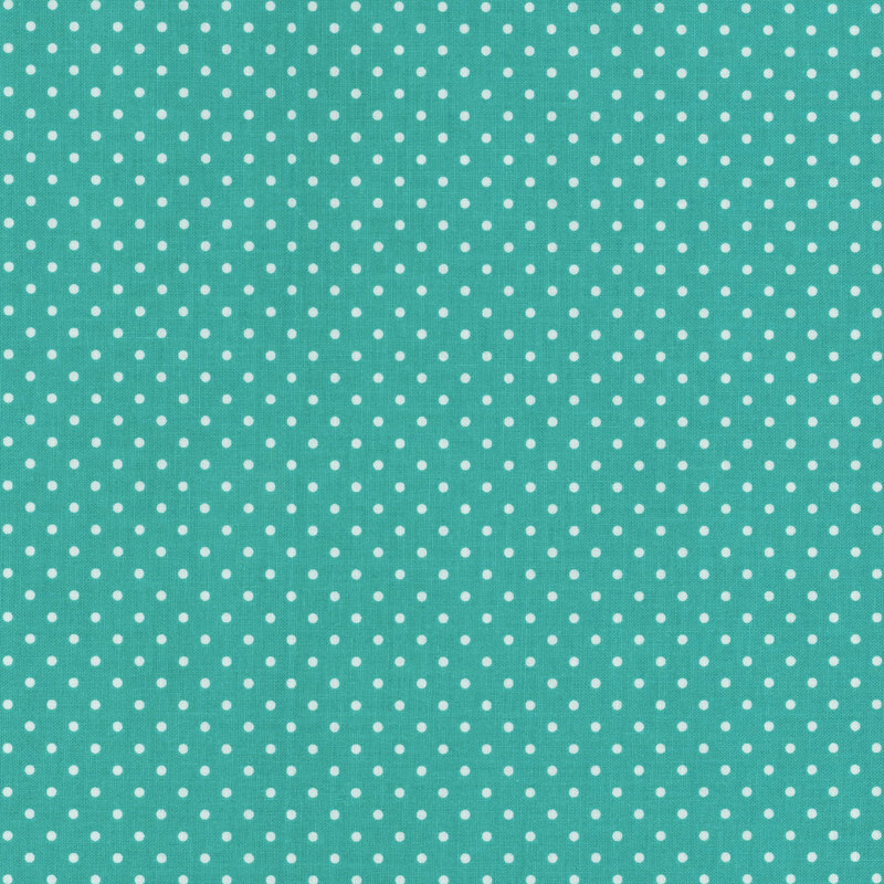 Bright aqua fabric with white polka dots.