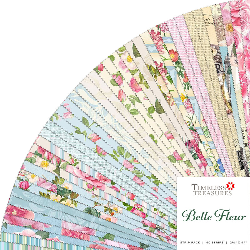 Collage of the light blue, pink, and cream floral fabrics included in the Belle Fleur collection.