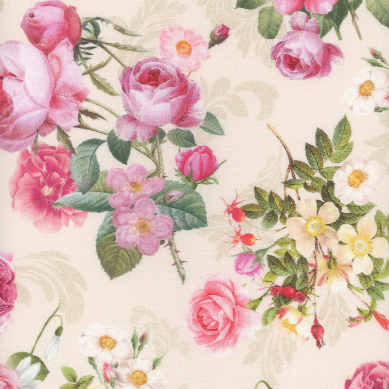 Fabric with a pattern of bouquets of roses, snowdrops, apple blossoms, and red buds on a beige background with tan filigree.